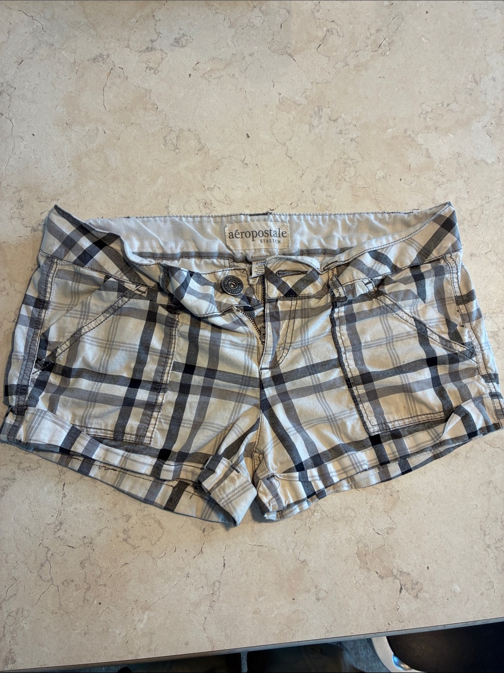 Aeropostale Stretch Beige and Black Plaid Cargo Bermuda Shorts